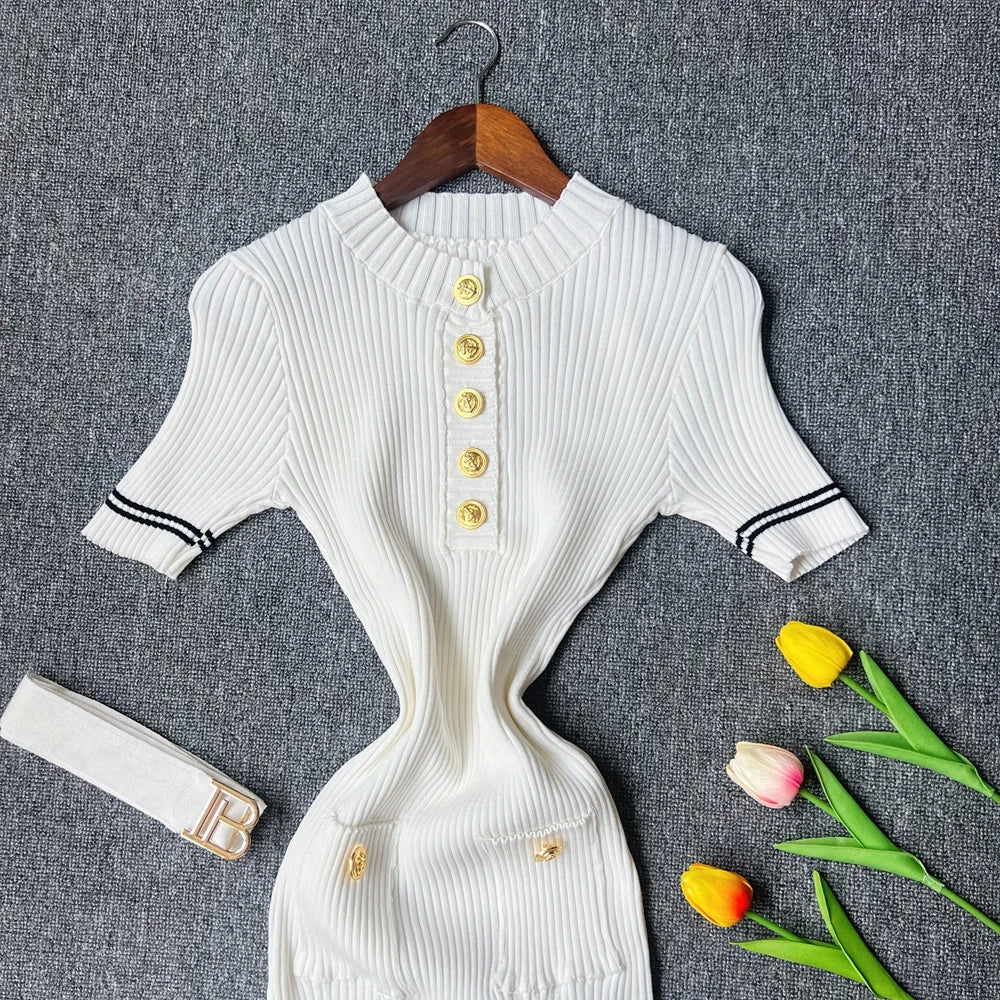 2025 Autumn Winter Women Knitted Dress Brand Fashion O-neck Buttons Bodycon Sweater Dress with Belt Lady Office Dress