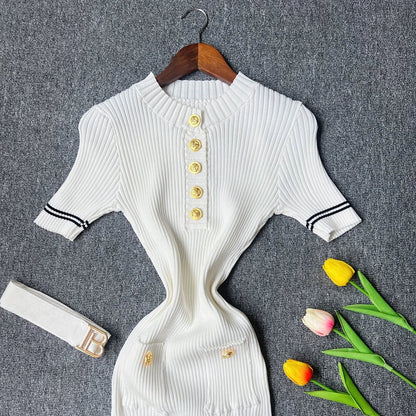 2025 Autumn Winter Women Knitted Dress Brand Fashion O-neck Buttons Bodycon Sweater Dress with Belt Lady Office Dress