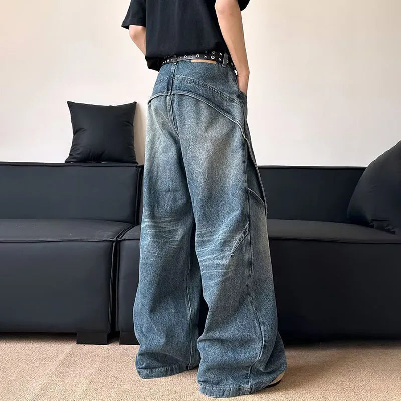 Korean Retro Jeans Men'S Curved Knife Pants Design Sense Vintage Casual Straight Leg Pants Loose Large Pocket Wide Leg Pants