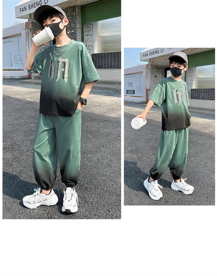 Summer Boys Leisure Gradient T-Shirt Top+Loose Sweatpant Workout Set School Kids 2PCS Tracksuit Children Vacation Outfit 5-16 Yr