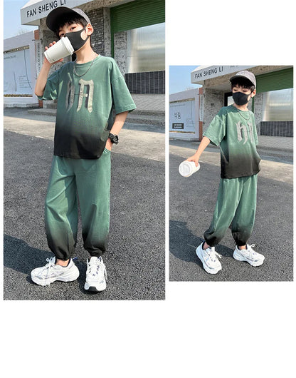 Summer Boys Leisure Gradient T-Shirt Top+Loose Sweatpant Workout Set School Kids 2PCS Tracksuit Children Vacation Outfit 5-16 Yr