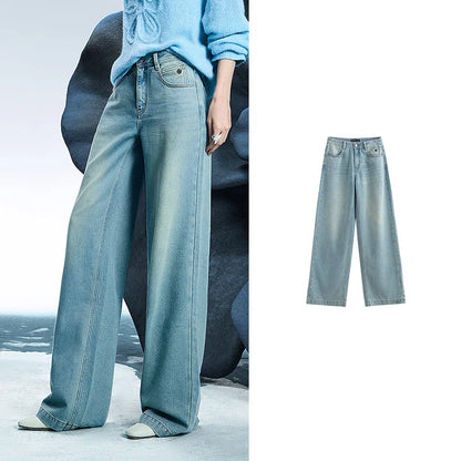 Women Denim Jeans 2025 Spring New Acetate Wide Leg Mid Low Waist Slim Fit Straight Wide Leg Pants