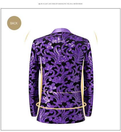 2024 New Flat Velvet Large Flower Sequin Jacquard Mens Blazer, Purple  Stage Performance Suit Dress, Host Fashion Show Jacket