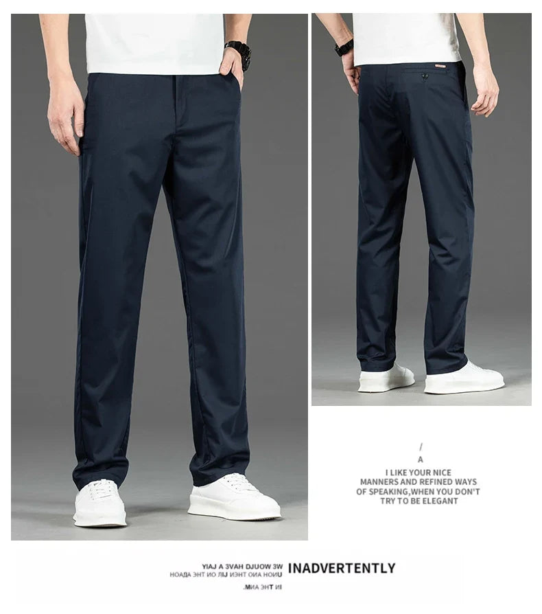 Spring Summer New Men's Casual Pants Thin Mulberry Silk Soft Business Casual Trousers Slim Straight Elastic Suit Pants Male