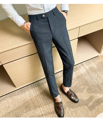 Boutique Classic Plaid and Striped Fashion Men's Casual Business Slim Suit Pants Groom Wedding Dress Trousers Party