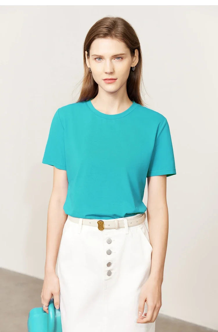 Minimalism Women T-shirts 2024 Summer New Casual Basic O-Neck Slim Short-sleeve Female Dopamine Color Solid Tees 12442327