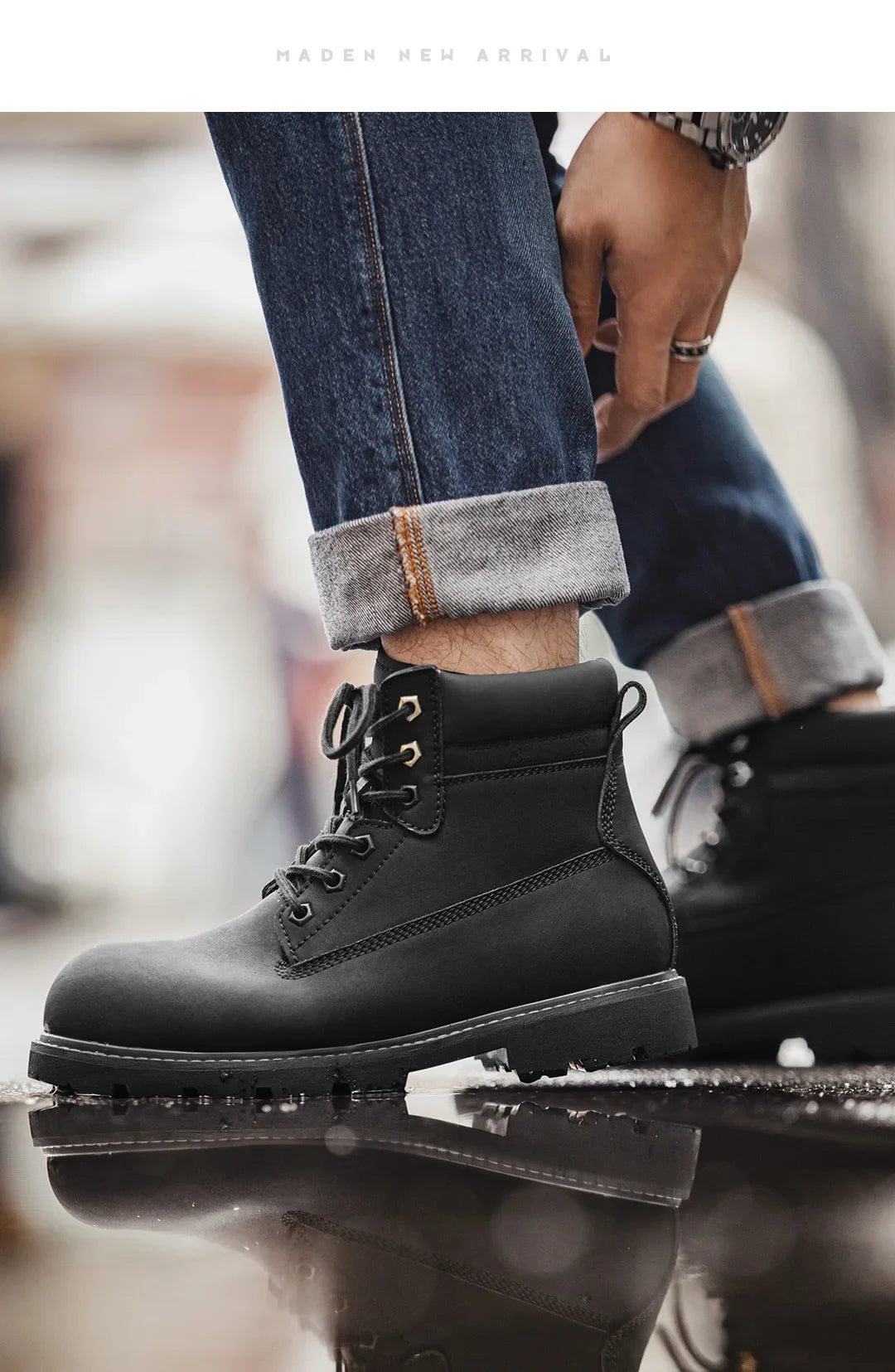Men's Versatile Black Boots Plush Lining Warmth Shoes Retro Non-Slip Thick Sole Work Boots Outdoor Casual Mid-Calf Boots