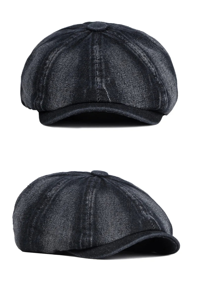 Men's Octagonal Hat Casual Solid Eight-blade Berets Washed Denim Newsboy Cap Women Painters Hat Peaked Herringbone Flat Cap