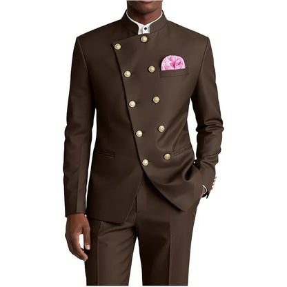 Men's Chinese Style Suit 2 Piece Brown Mandarin Collar Double Breasted With Gold Buttons Formal Jacket Pants For Business Weddin