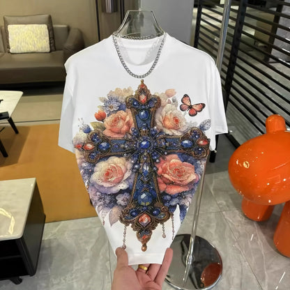 2025 Spring New Loose Chic Tees Round Neck Short Sleeve Hot Diamond T-Shirts Men's Fashion Versatile Casual Quality Trendy Tops