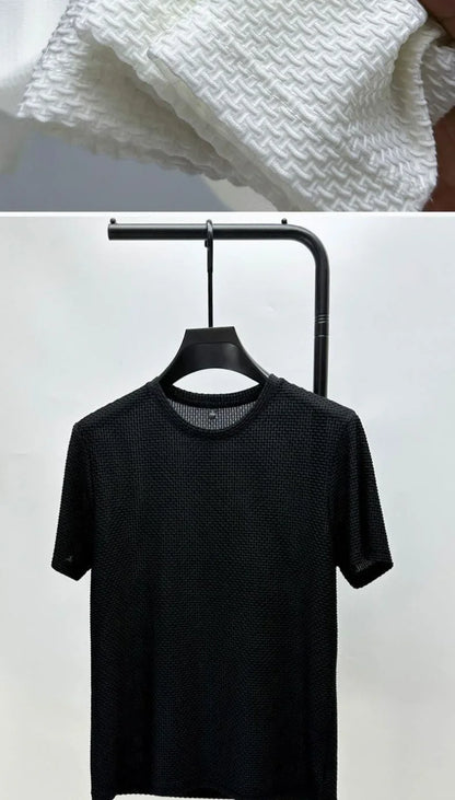Men Ice Silk Bamboo Mesh T-shirt Summer Elastic Short Sleeve Round Neck Tees Casual Slim Fit Basic Tops Trendy Male Daily Streetwear Shirts