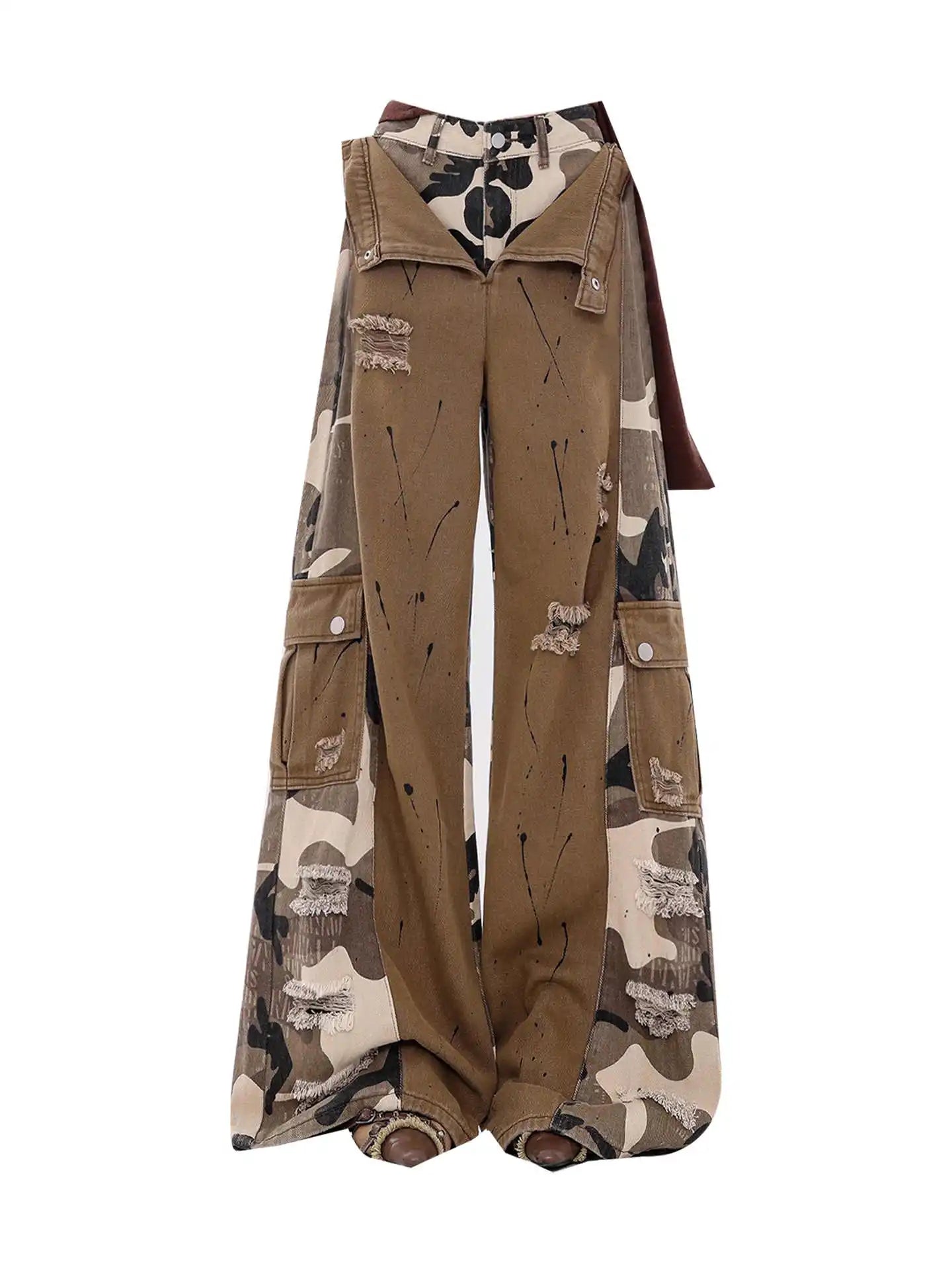 Women Brown Camouflage Patchwork Ripped Cargo Jeans Harajuku Vintage Baggy Denim Trousers Japanese 2000s Y2k Ripped Jeans Pants