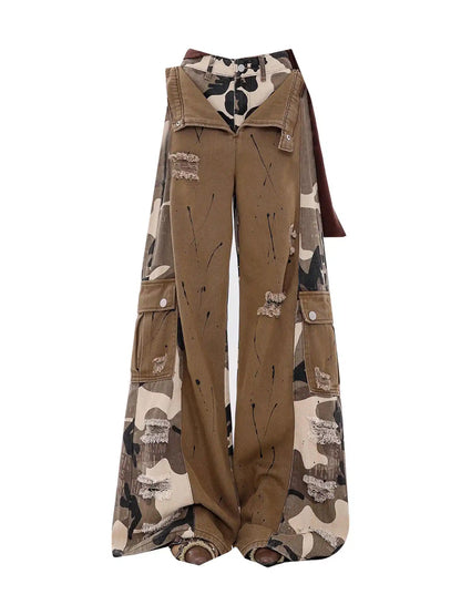 Women Brown Camouflage Patchwork Ripped Cargo Jeans Harajuku Vintage Baggy Denim Trousers Japanese 2000s Y2k Ripped Jeans Pants