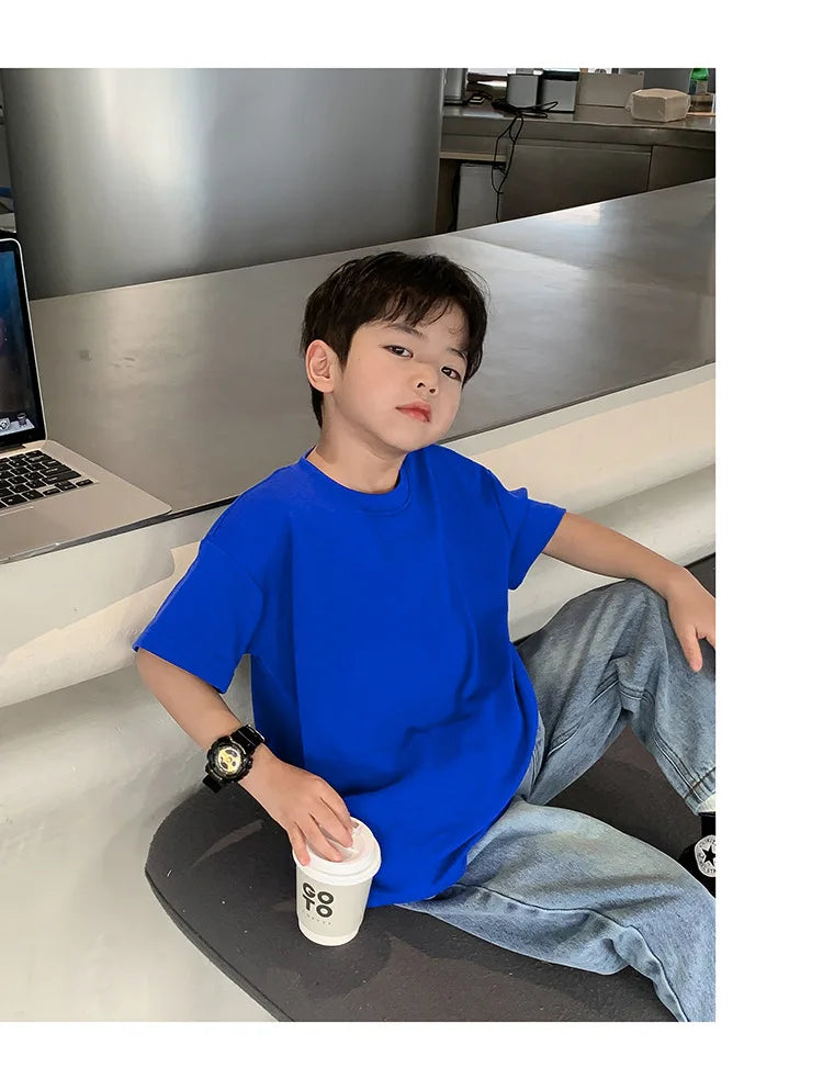 Summer Casual School Kids Cotton Plain Tee Tops Baby and Boys Short-Sleeved T-Shirt Children Outfit Clothing 1-16 Years