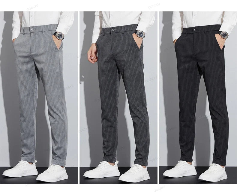 High Quality Brand Clothing Autumn Stripe Suit Pants Men Fashion Business Solid Color Office Slim Long Casual Trousers Male 28-3
