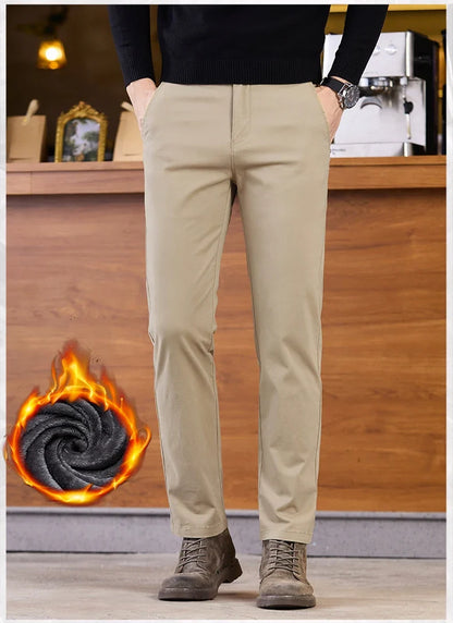 2025 Winter Fleece Pants Men's Pocket Fashion Thickened Cotton Stretch Comfort Plush Straight Business Pants Male
