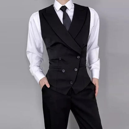 Man Waistcoat Vintgae Slim Turn Down Collar Male Suit Vest Simple Double-breasted Breathable Casual Versatile Men Vest