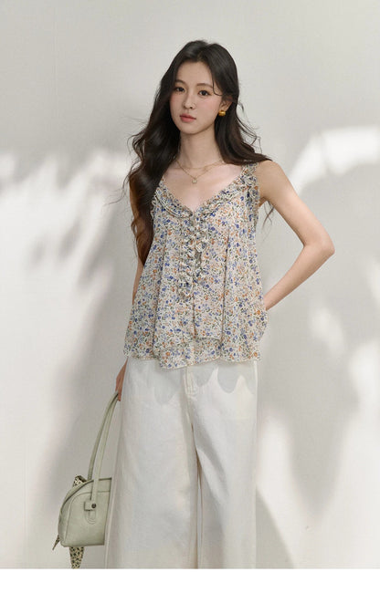 Fashion Floral Ruffles Camis For Women 2026 Summer New Loose A-Line Slimming Design Double Hem Vacation Top MXF26X2666