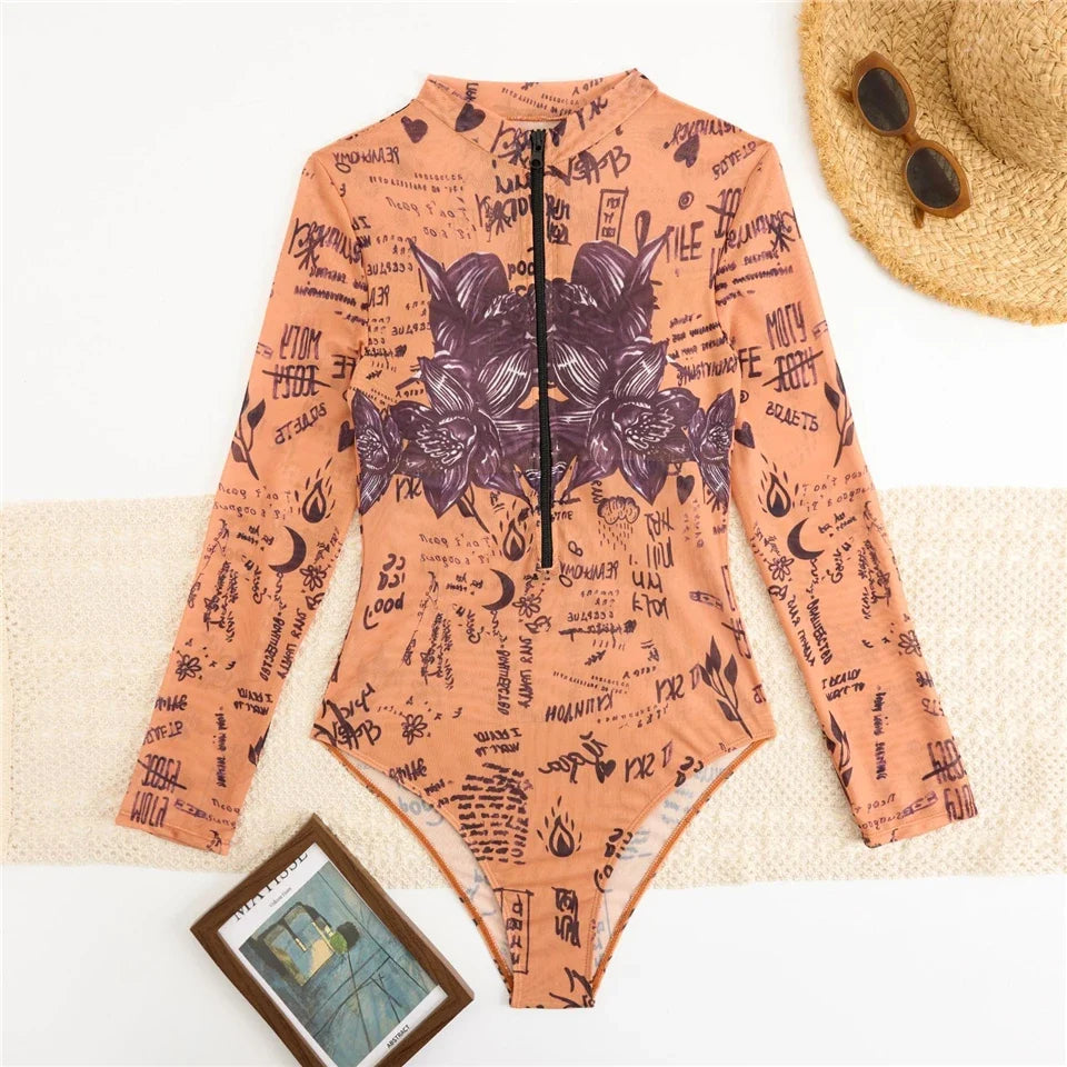 One Piece Sun Protection Swimwear 2026 Women Long Sleeved Print Swimsuit Female Sports Bathers Swimming Bodysuit Beach купальник