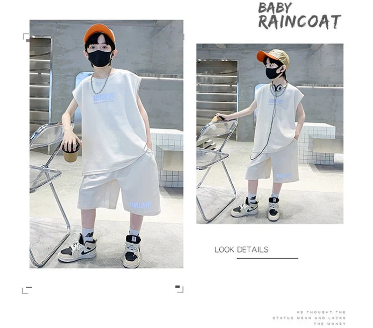 Kids New Summer Tracksuit for Boy Cotton Tank Top Set Children Wing Reflective Clothing Set Shorts and Vest 2 Pieces Outfit 5-14