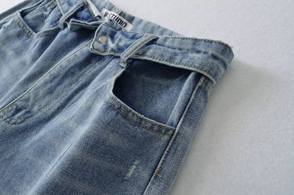 American Retro Cuffed High Waist Slimming Casual Denim Jeans Women's Autumn Versatile Loose Straight Leg Floor-Length Pants
