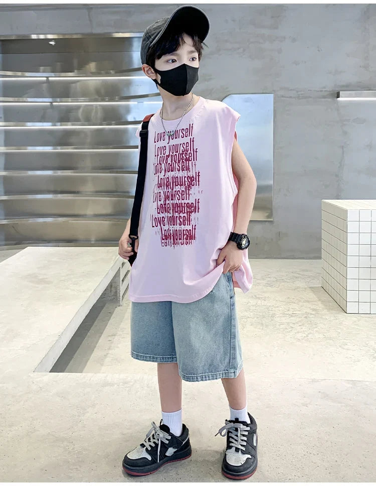 2025 New Summer Outfit Sets for Boys Sleeveless Tshirt And Denim Shorts 2 Pieces Tracksuit Kids Child Stylish Sports Suits 5-14Y