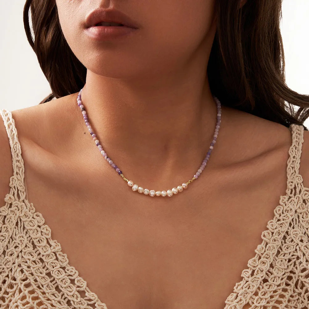 Natural Stone Beaded Purple Mica&Freshwater Pearls Round Shape Necklace 925 Silver for Women Choker Wholesale MPN04