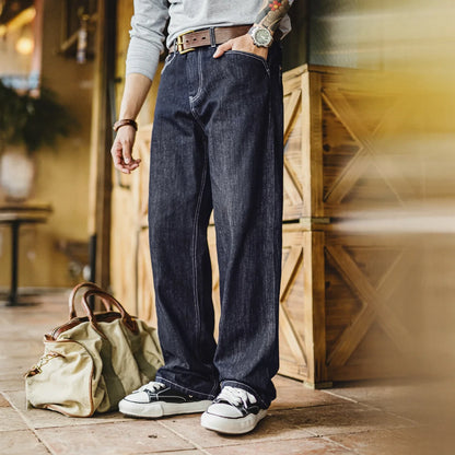 Vintage 12oz One-Washed Denim Jeans for Men Straight Wide Leg Trousers Loose Fit Zip Fly Casual Pants for Fall Winter