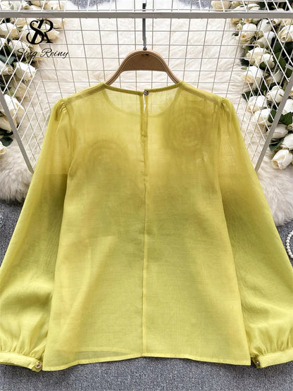 Spring Loose Satin Blouse Women O Neck Long Sleeves Sheer Bohemian Top 2024 Transparent 3D Floral Casual Shirt