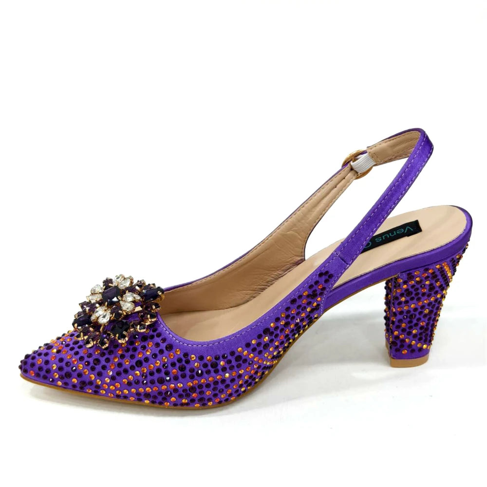 Nigerian Women Heel Party Ladies Italian Design Shoes And Bag Set Decorated with Rhinestone Handbag Wedding Party