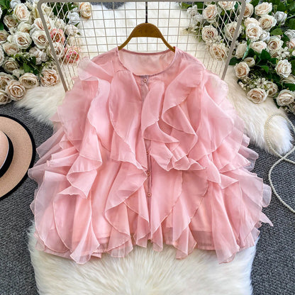 Autumn Blouse for Women Fashion O-neck Long Puff Sleeve Flounced Edge Shirts French Chic Versatile Female Tops Dropshipping