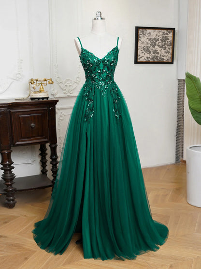 Sling Evening Dresses Sexy Spaghetti Straps V-Neck Illusion Sequins Appliques Prom Dress A-Line Train High Split Gowns
