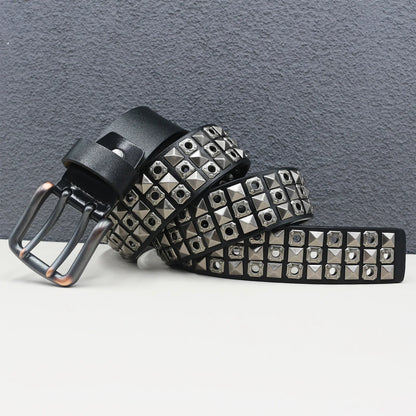 Rock Genuine Leather Luxury Punk Belt Jeans Heavy duty Hollow manual  Designer Brand Belt Men Rivet Three-pin buckle Belt Male