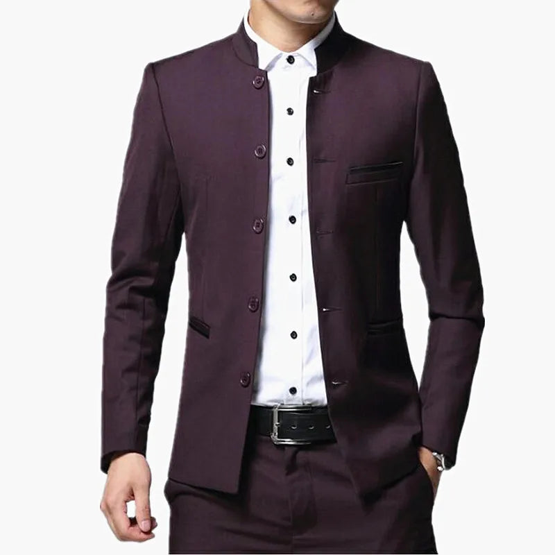 Black Stand Collar Men's 3-Piece, Wedding Party Blazer Jacket and Vest with Pants, Blue Asian Size Slim Fit Sets.