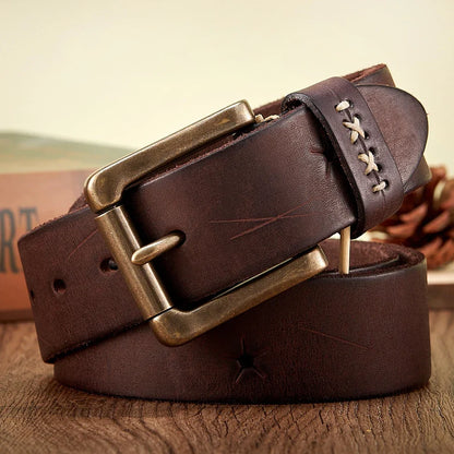 Vintage Genuine leather Luxury Handmade Leather Copper Buckle Man's Belt Cowhide Retro All-match Casual Jeans Soft Belt