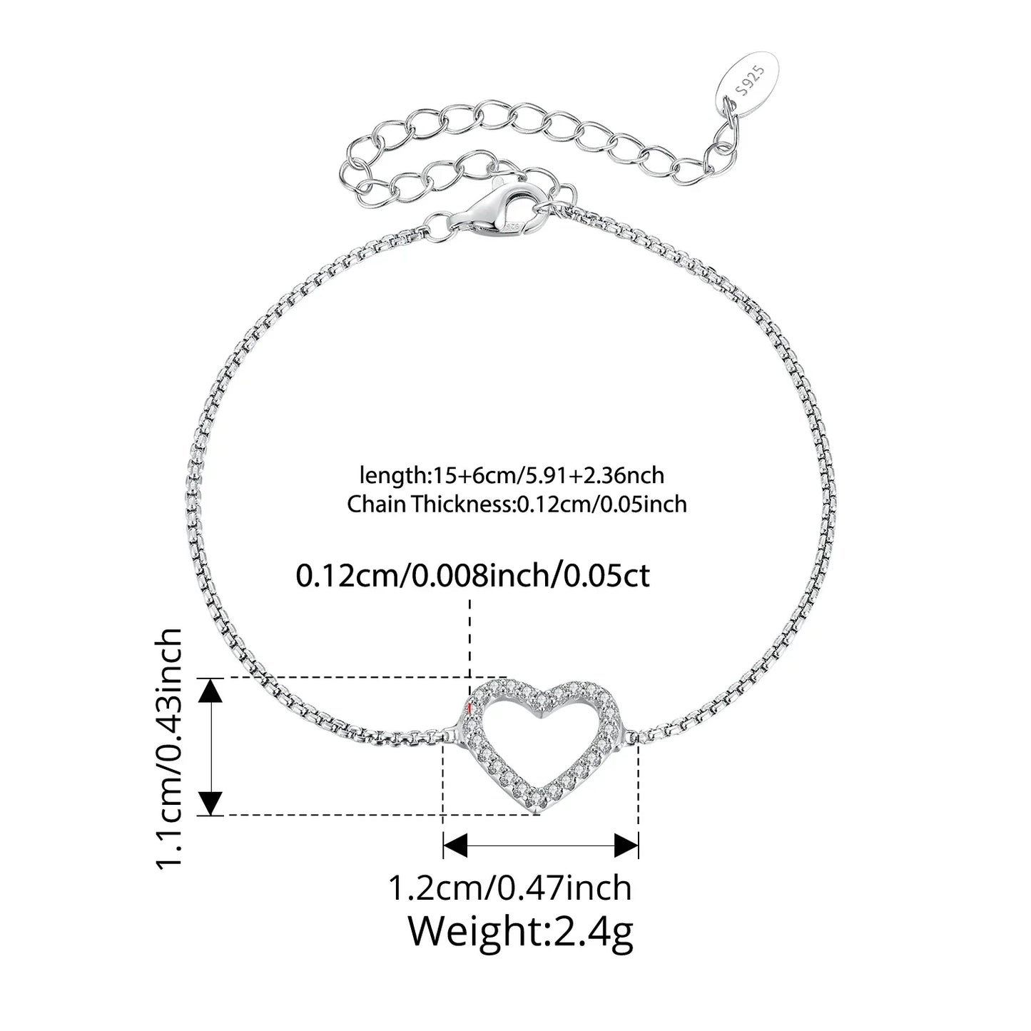 925 Sterling Silver Hollowed Heart Moissanite Bracelet Adjustable Knot Wrist Chain for Women Teen Minimalist Love Gift