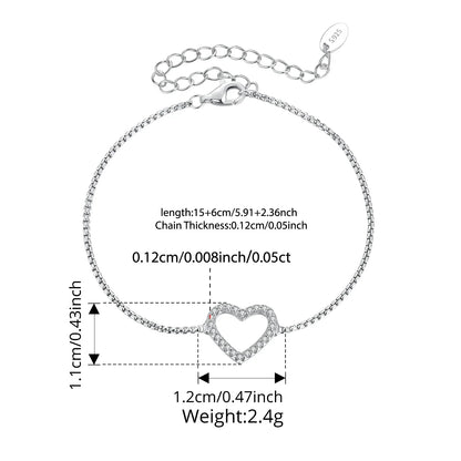 925 Sterling Silver Hollowed Heart Moissanite Bracelet Adjustable Knot Wrist Chain for Women Teen Minimalist Love Gift