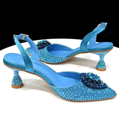 Blue Color Rhinestone Comfortable high heel shoe And Bag Fashion Style Pointed-Toe Shoes For Women Or Commuting Shoes