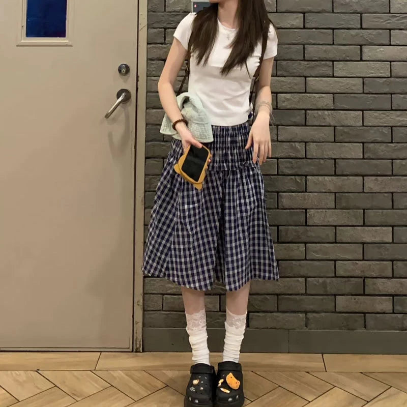 Vintage Plaid Mini Skirt Women Harajuku Aesthetic Patchwork Knee Length Skirts Summer Korean High Waist A Line Faldas New