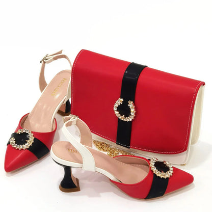 2022 Italian Design Leather Colorblock Pointed Toe High Heel Women's Sandals Fashion Everyday Matching Shoes and Bag Sets