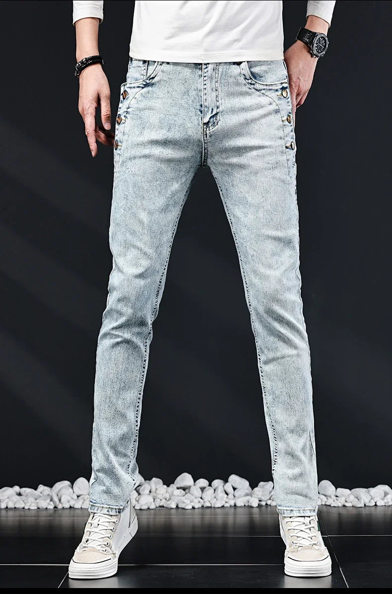 Slim Skinny Jeans Men New Elastic Korean Design Fashion Multi-Button Blue White Vintage Wash Cotton Stretch Denim Pants Trousers