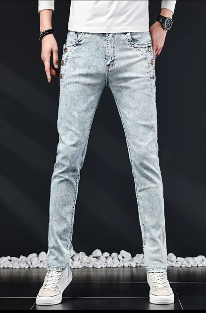 Slim Skinny Jeans Men New Elastic Korean Design Fashion Multi-Button Blue White Vintage Wash Cotton Stretch Denim Pants Trousers