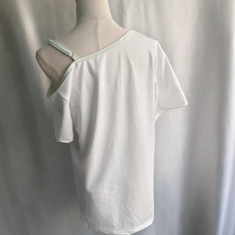 Ezgaga Harajuku T Shirts Women Cartoon Sweet Diagonal Collar Short Sleeve Off Shoulder Funny Tops Female Y2k Ladies Tshirts