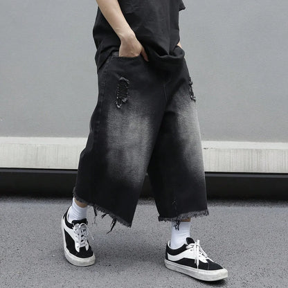 Men's Loose Ripped Denim Jeans 7 Point Calf Length Wide Leg Trousers Distressed Holes Frayed Hem Streetwear Casual Pants