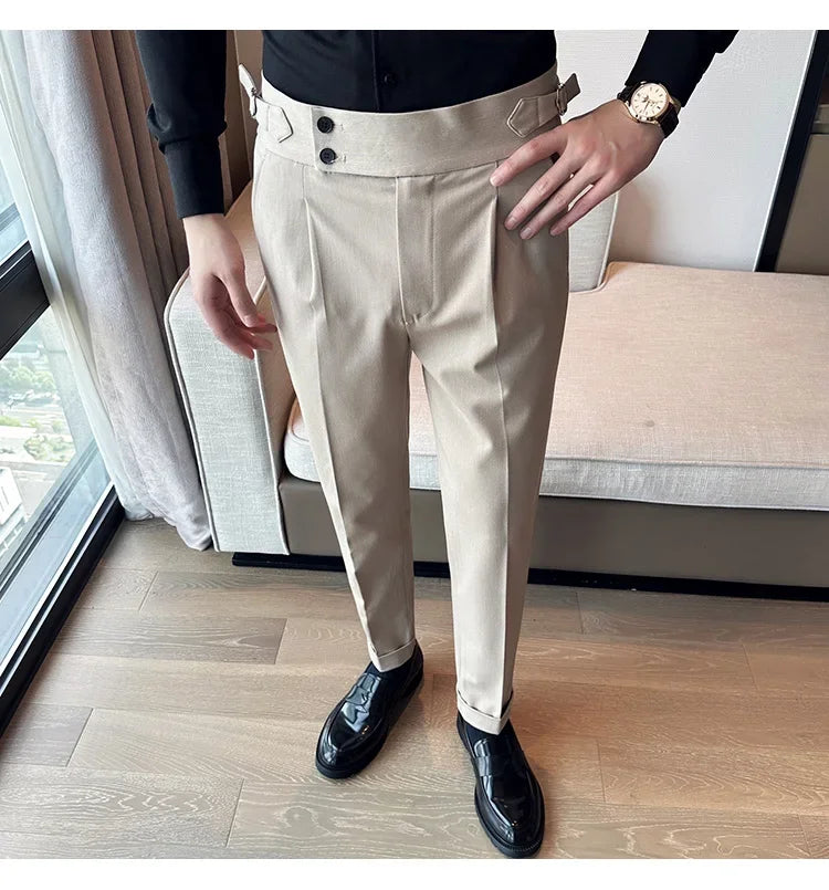 Autumn Winter High Waist Business Dress Pants Men Casual Belt Design Slim Suit Pants Formal Wedding Social Party Male Trousers