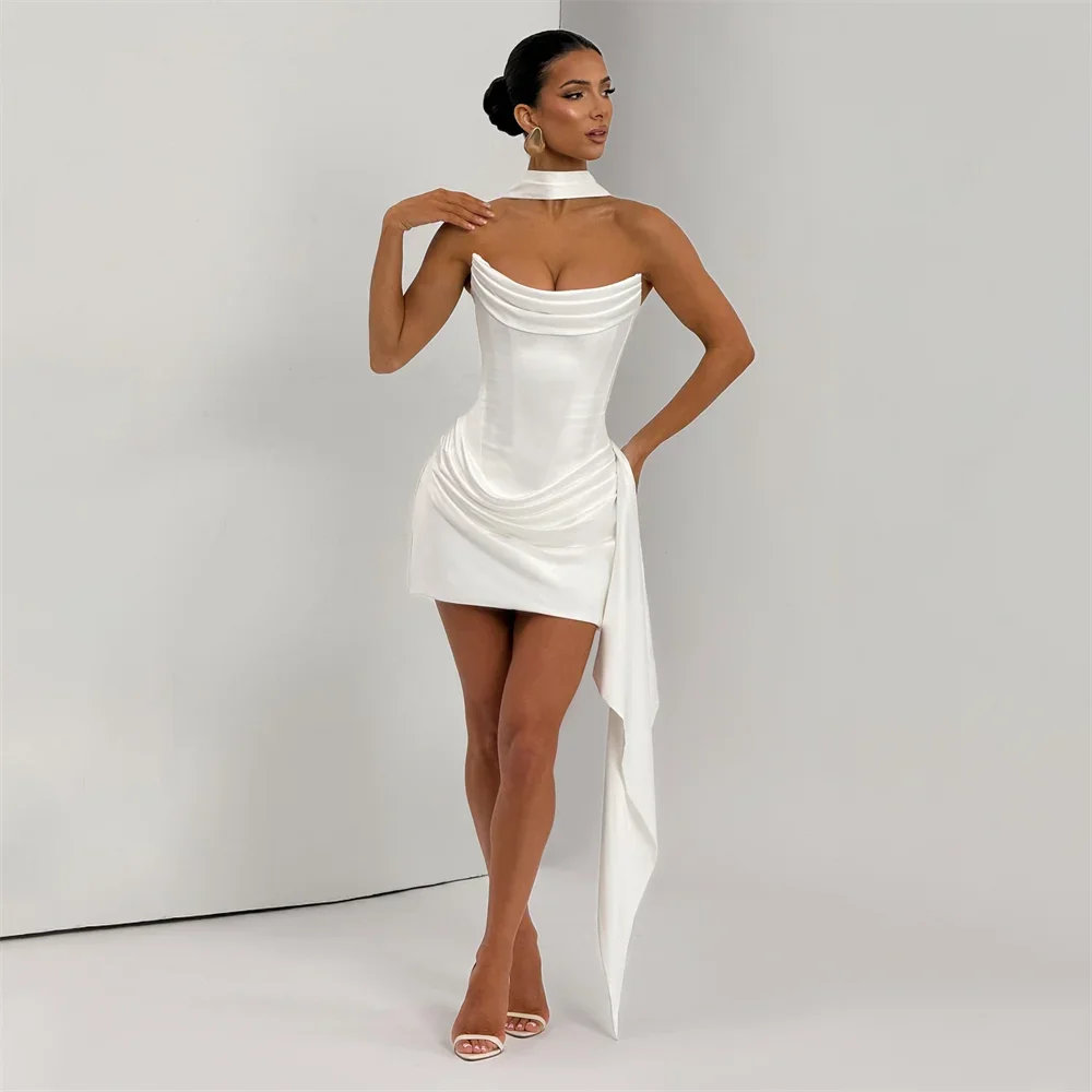 Satin White Mini Wedding Dresses Sleeveless Corset Strapless Pleated Mermaid Short Bridal Gown Customized Vestido De Novia