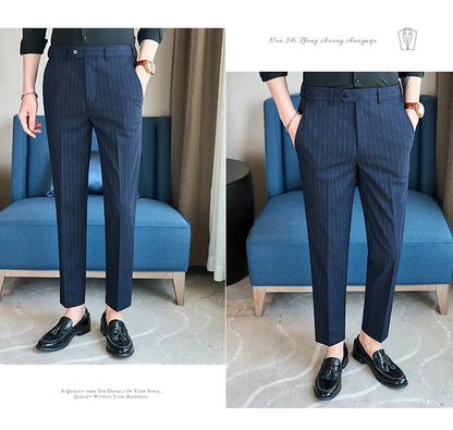 Men's Elastic Waist Striped Suit Pants 2025 New Social Casual Trousers Slim Fit Suit Pants Business Office Wedding Men Clothing