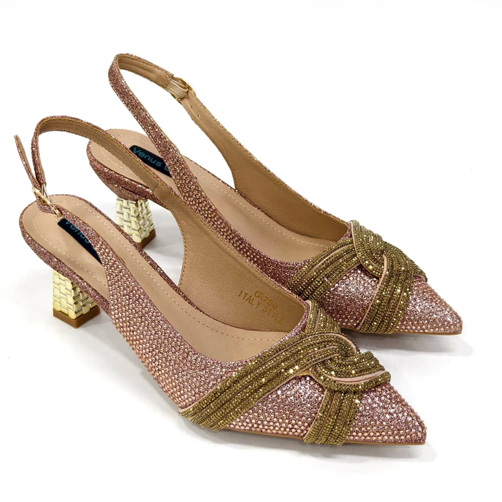 Nigerian Heel Party for Women Shoes and Bag Set Champagne Colour Rhinestone Handbag Italian Design Wedding INS 2024