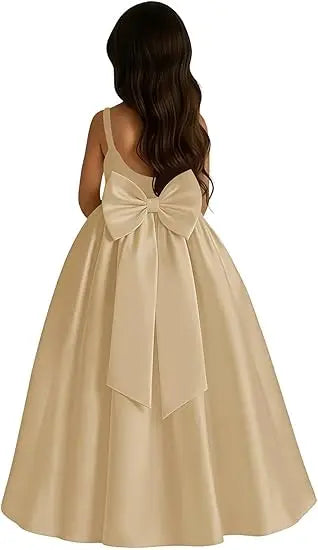 Long Ivory Satin Flower Girl Dresses for Wedding Bow Party Birthday Princess Dress Junior Bridesmaid First Holy Communion Gowns