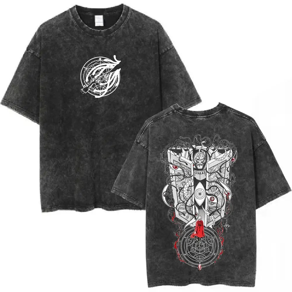 Anime Fullmetal Alchemist Washed T Shirts Edward Elric Alphonse Elric T-Shirt Men's Women Fashion Casual Oversized T-shirts Tops